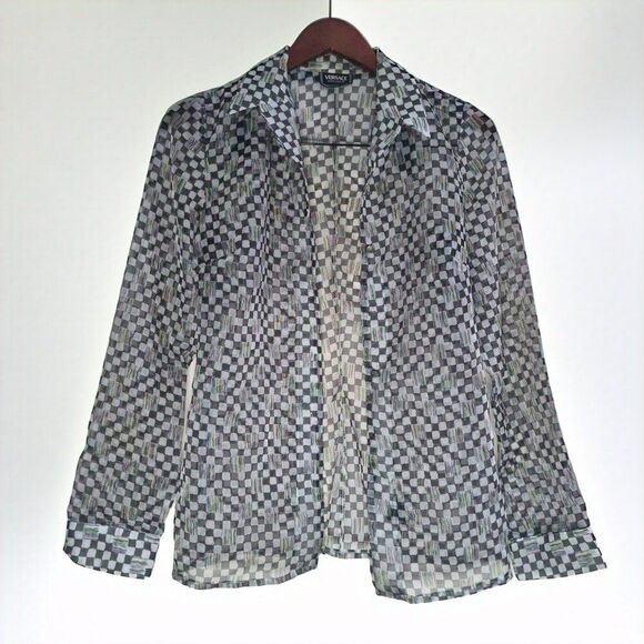 VERSACE Jeans Couture Sheer Checkered Print Blouse - Medusa Button - Size M - Picture 1 of 6